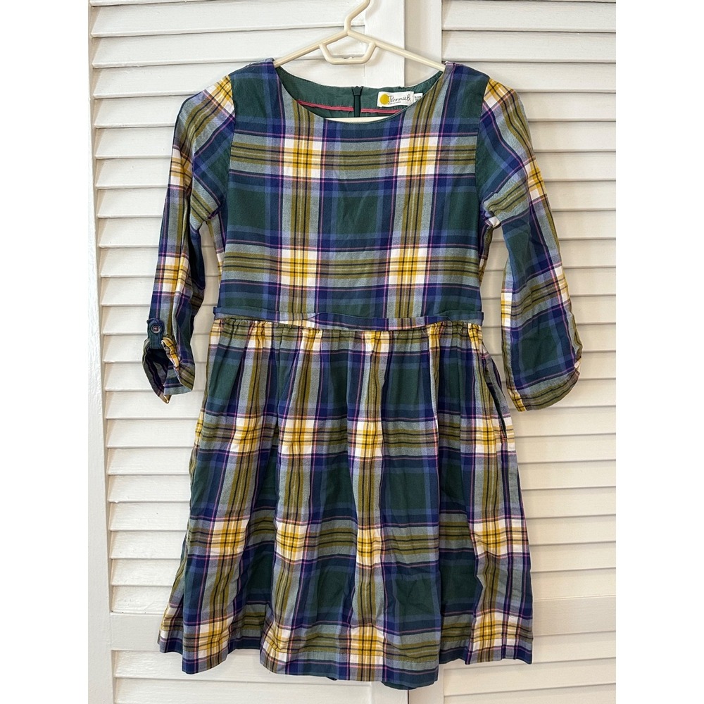 Johnnie B Mini Boden Size 11-12 Green Navy Yellow Plaid Flannel Dress Pockets